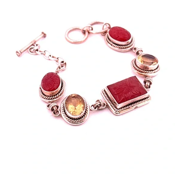 925 Sterling silver carved carnelian and faceted citrine bracelet 37.4g - Picture 3 of 10